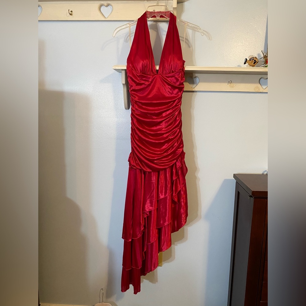 Red high low halter top semi formal dress